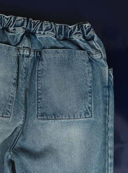 Pantalon 5 Poches à Taille Elastiquée en Denim Bleu Used