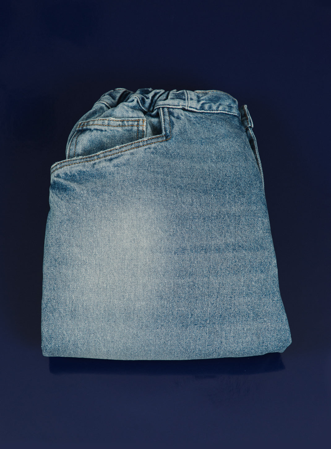 Pantalon 5 Poches à Taille Elastiquée en Denim Bleu Used