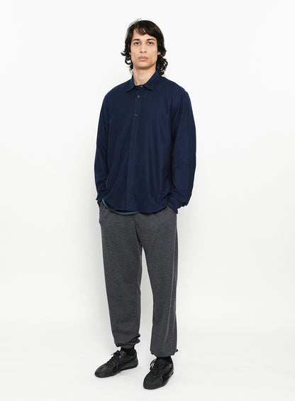 Chemise à Patte de Polo en Flanelle de Coton Bleu Marine