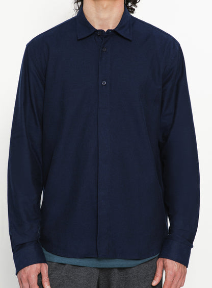 Chemise à Patte de Polo en Flanelle de Coton Bleu Marine