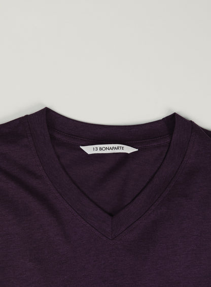 T-Shirt à Manches Courtes avec Col V en Eucalyptus & Coton Aubergine