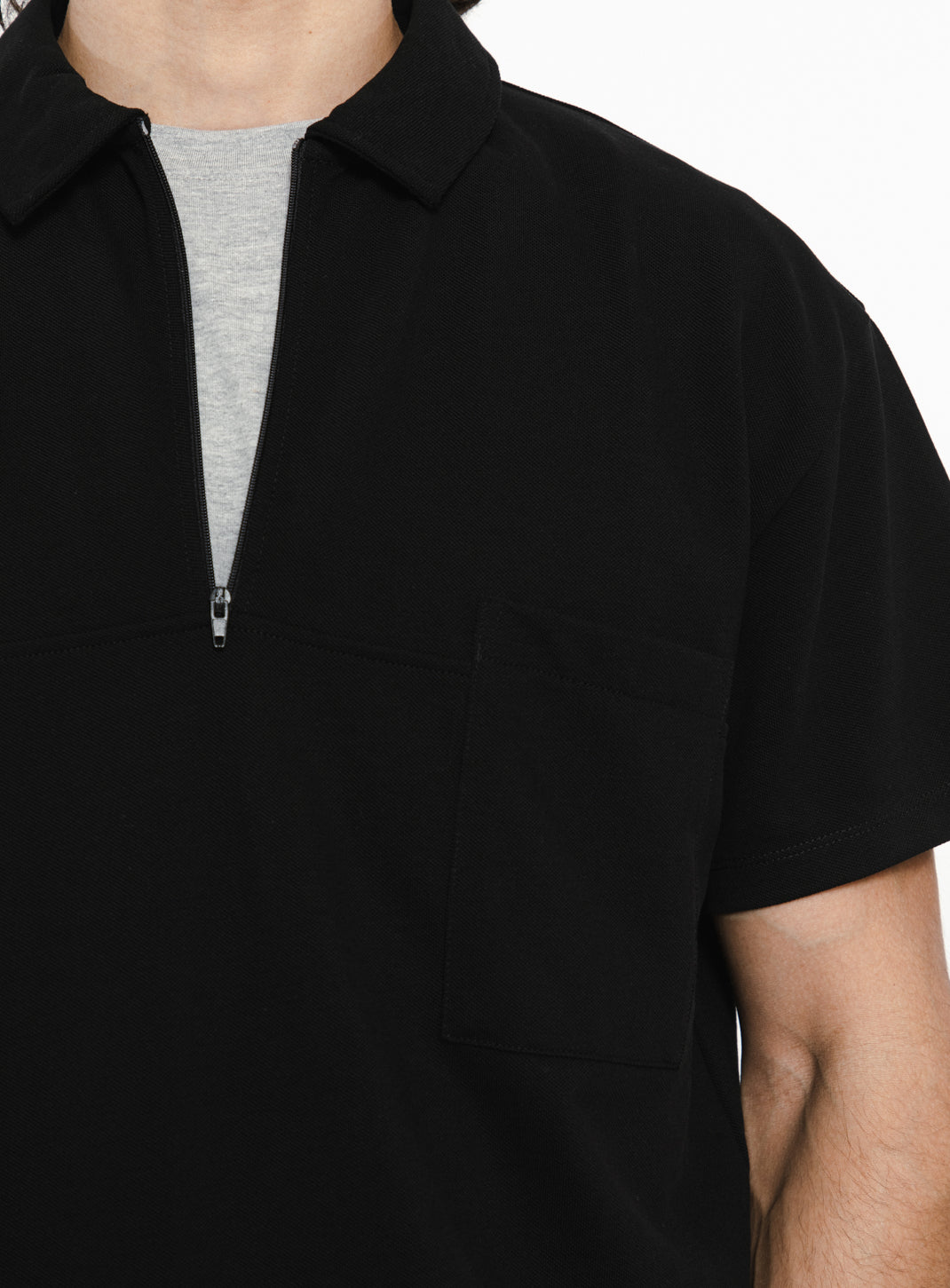 Polo Zippé à Manches Courtes en Piqué de Coton Mercerisé Noir