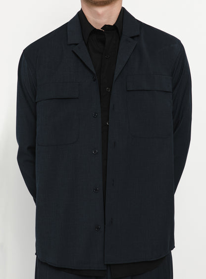 Surchemise à Col Tailleur en Fil à Fil Bleu Marine