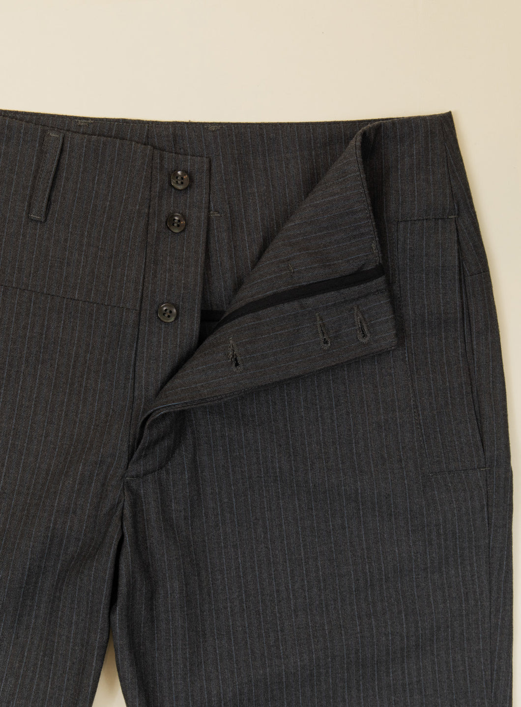 Pants with Large Waist Belt in Lead Grey with Blue Large Stripe Flannel Wool