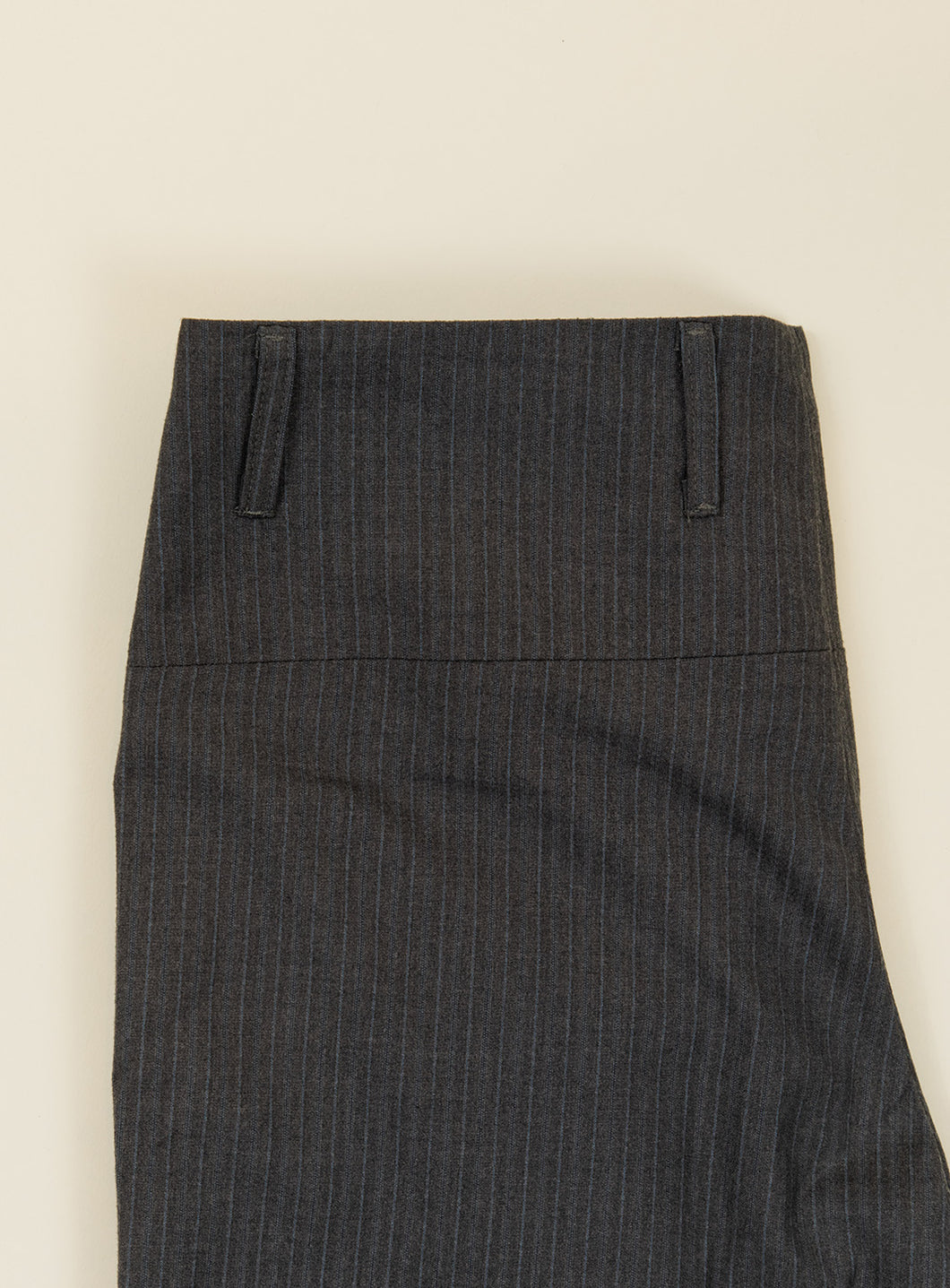 Pants with Large Waist Belt in Lead Grey with Blue Large Stripe Flannel Wool