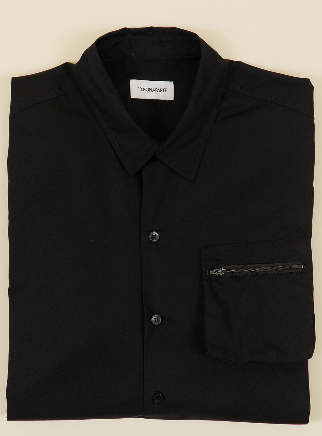 Shirt with Puffed Chest Pocket in Black Poplin