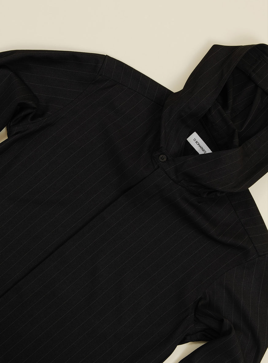 Hooded Overshirt in Black Banker Stripe Serge