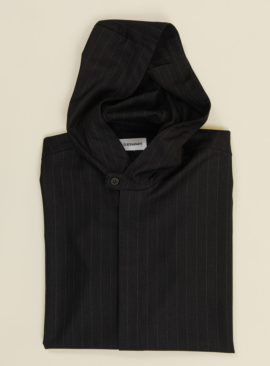 Hooded Overshirt in Black Banker Stripe Serge Fabric