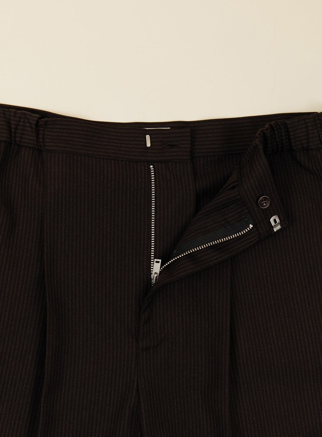 Pleated Pants in Chocolate Fine Stripe Serge