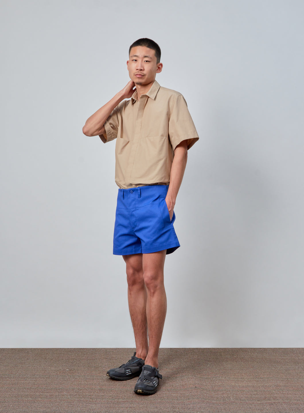 Shorts with Large Waist Belt in Electric Blue Cotton Gabardine
