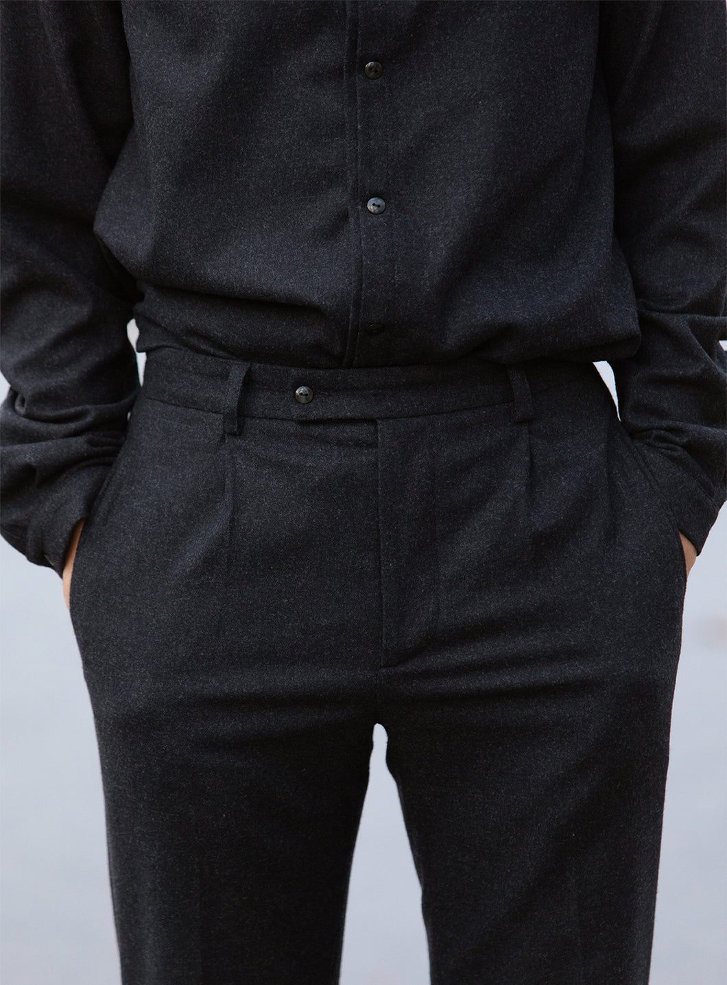 Pleated Pants with Belt Loops in Heather Dark Grey Flannel Wool