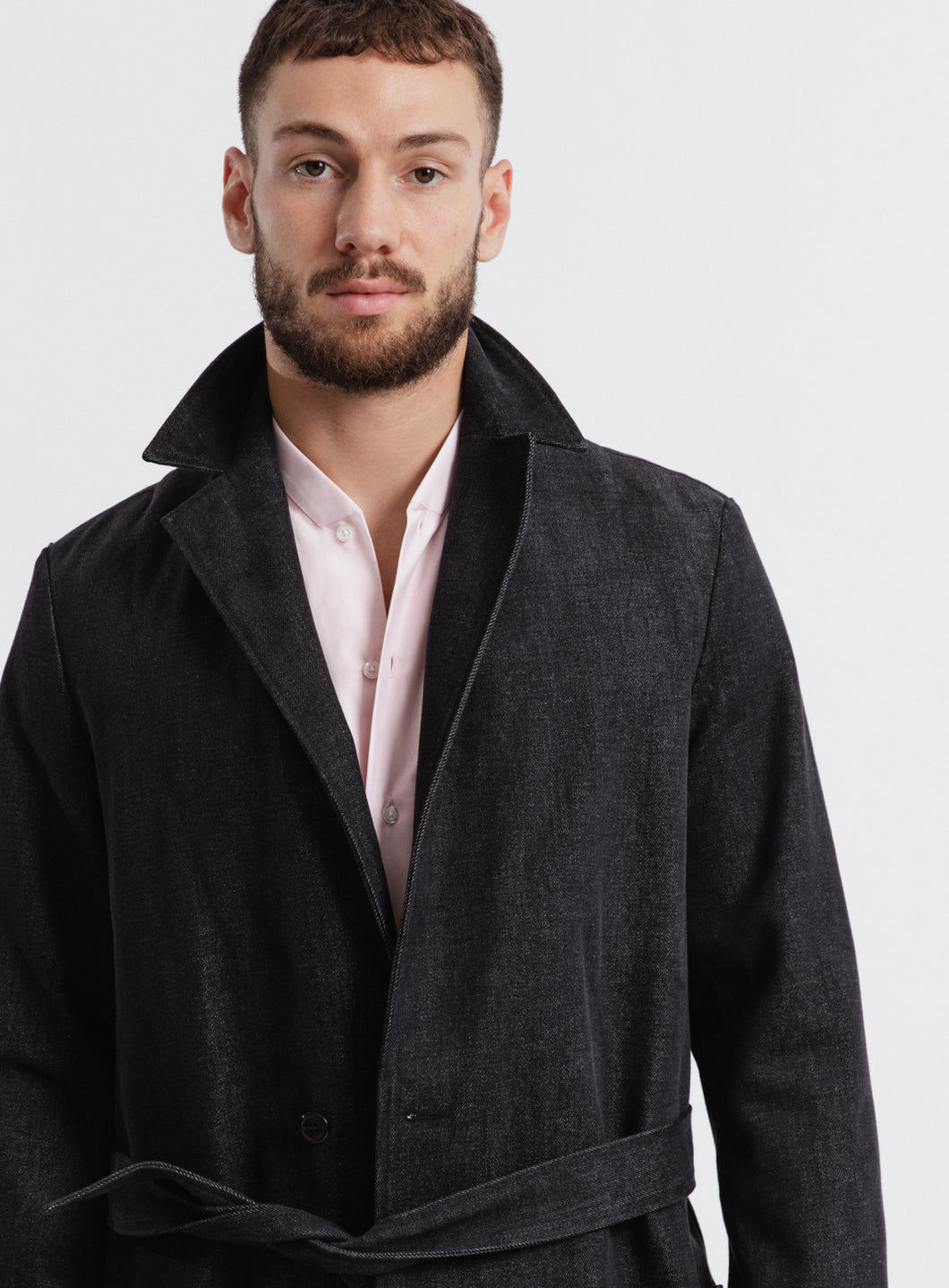 Trench-Bathrobe Coat in Grey Denim