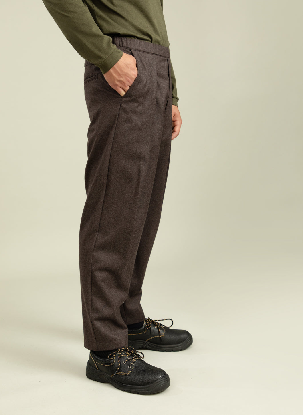 Elastic Waist Pants with Deep Pleats in Chocolate Flannel Wool