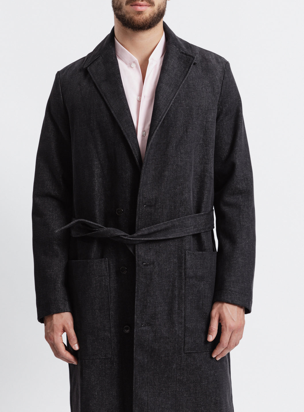 Trench-Bathrobe Coat in Grey Denim