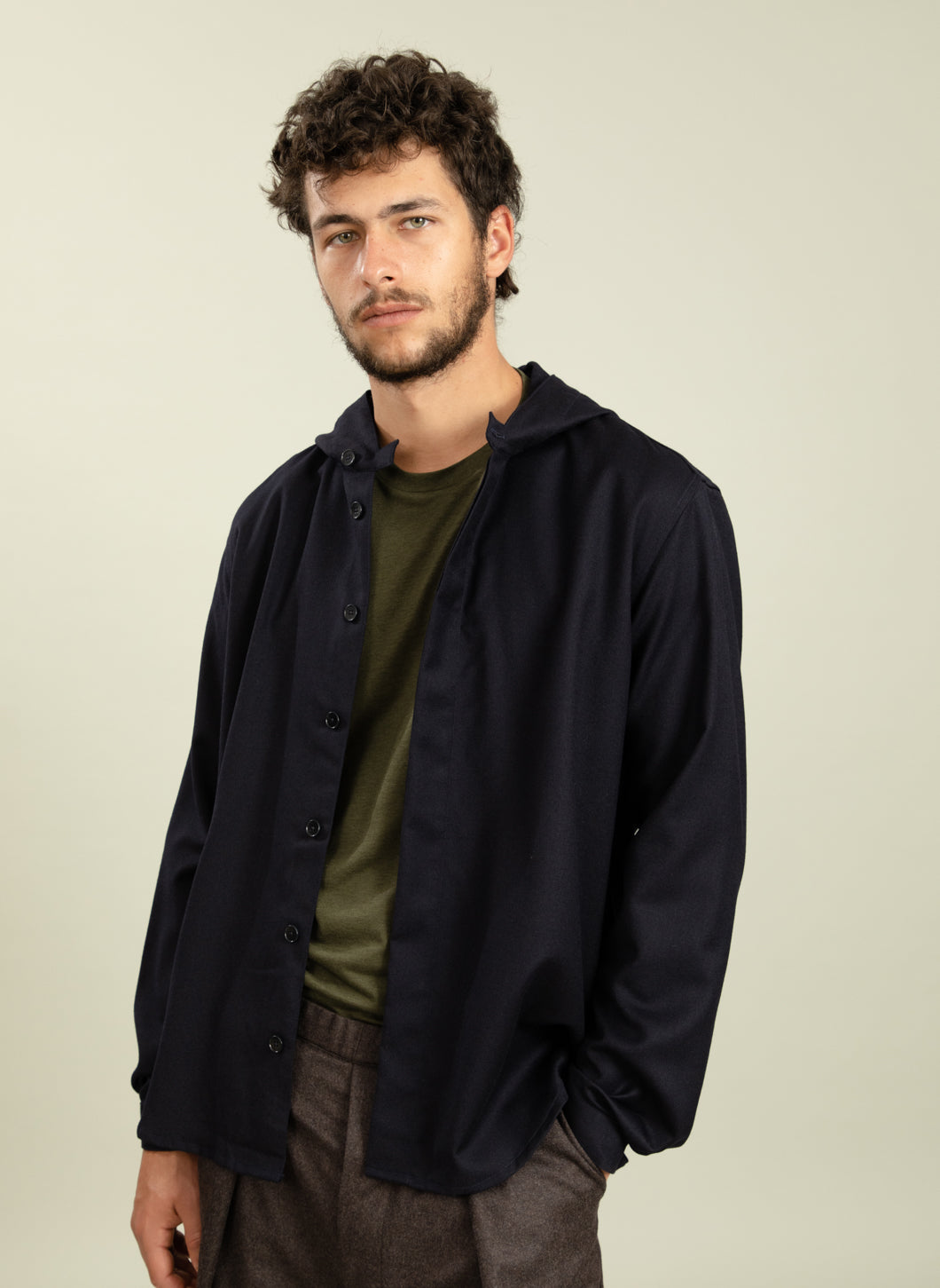 Hooded Overshirt in Navy Blue Flannel Wool