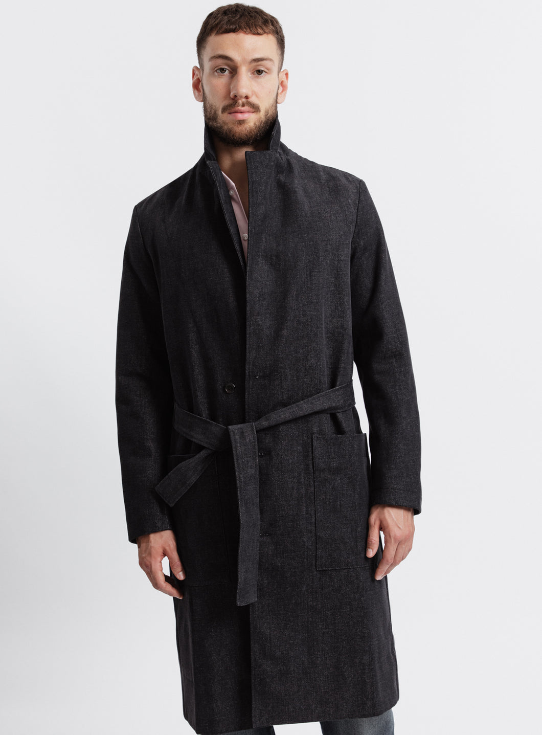 Trench-Bathrobe Coat in Grey Denim