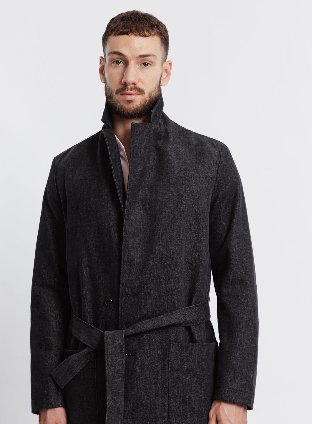 Trench-Bathrobe Coat in Grey Denim