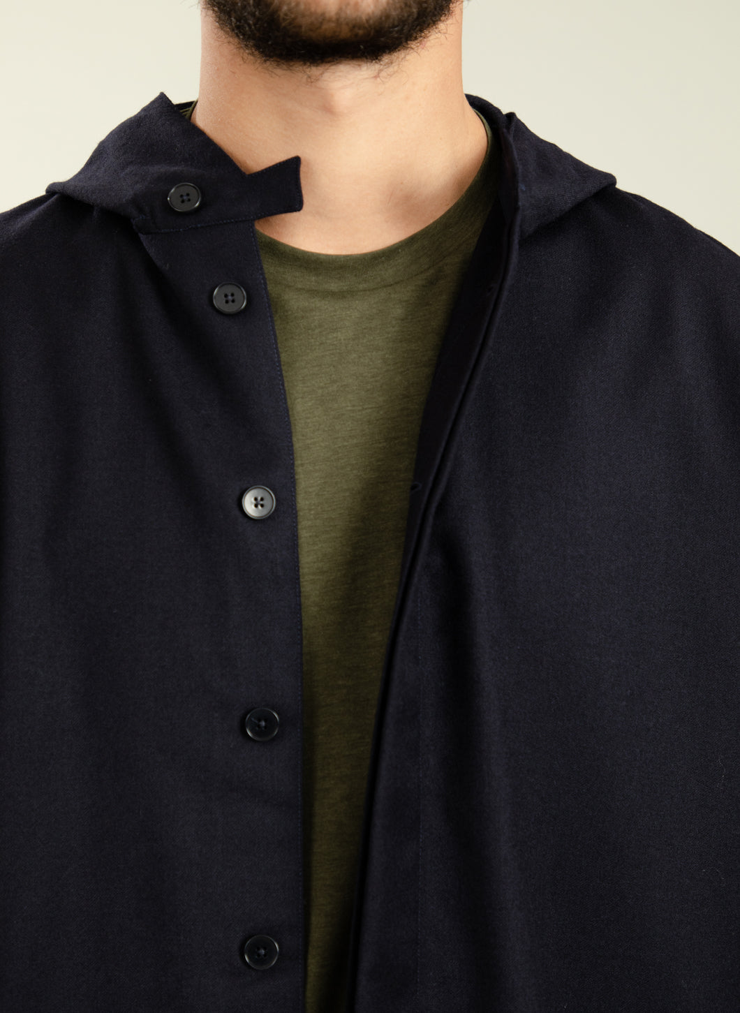 Hooded Overshirt in Navy Blue Flannel Wool