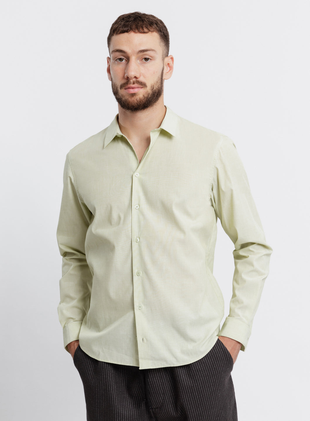 Shirt with Small Collar Stand in Lime Green End-on-End