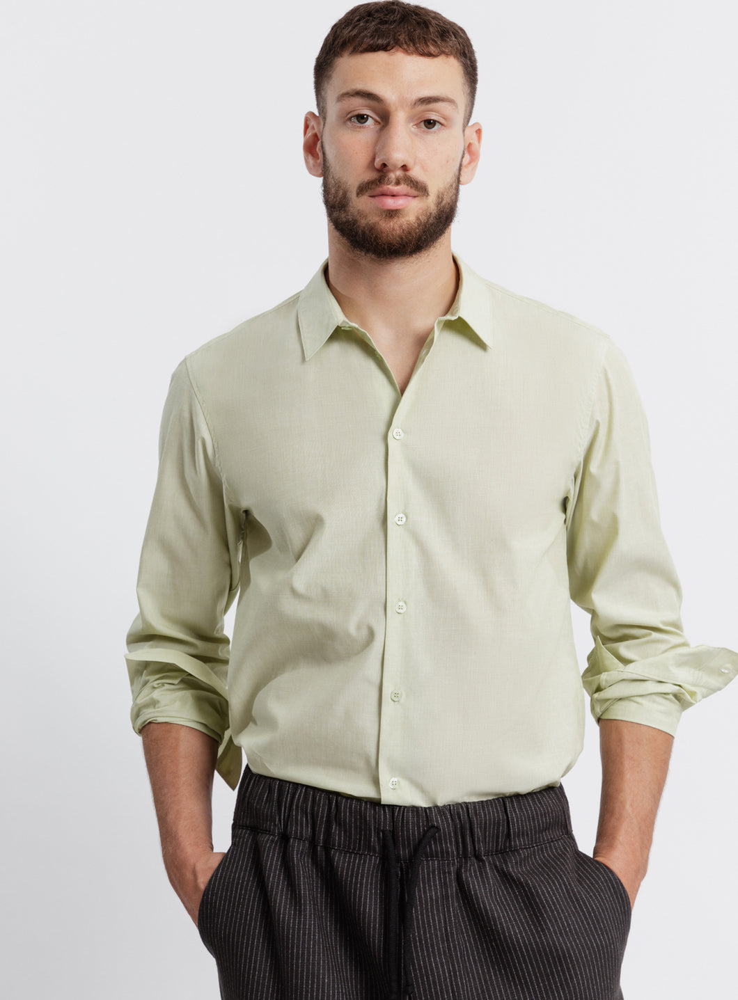 Shirt with Small Collar Stand in Lime Green End-on-End