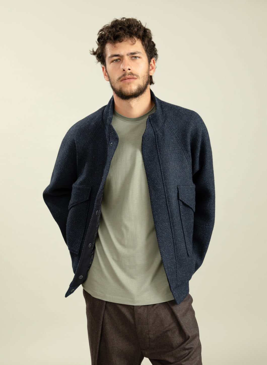 Bomber Jacket with Origami Collar in Navy Blue Italian Wool