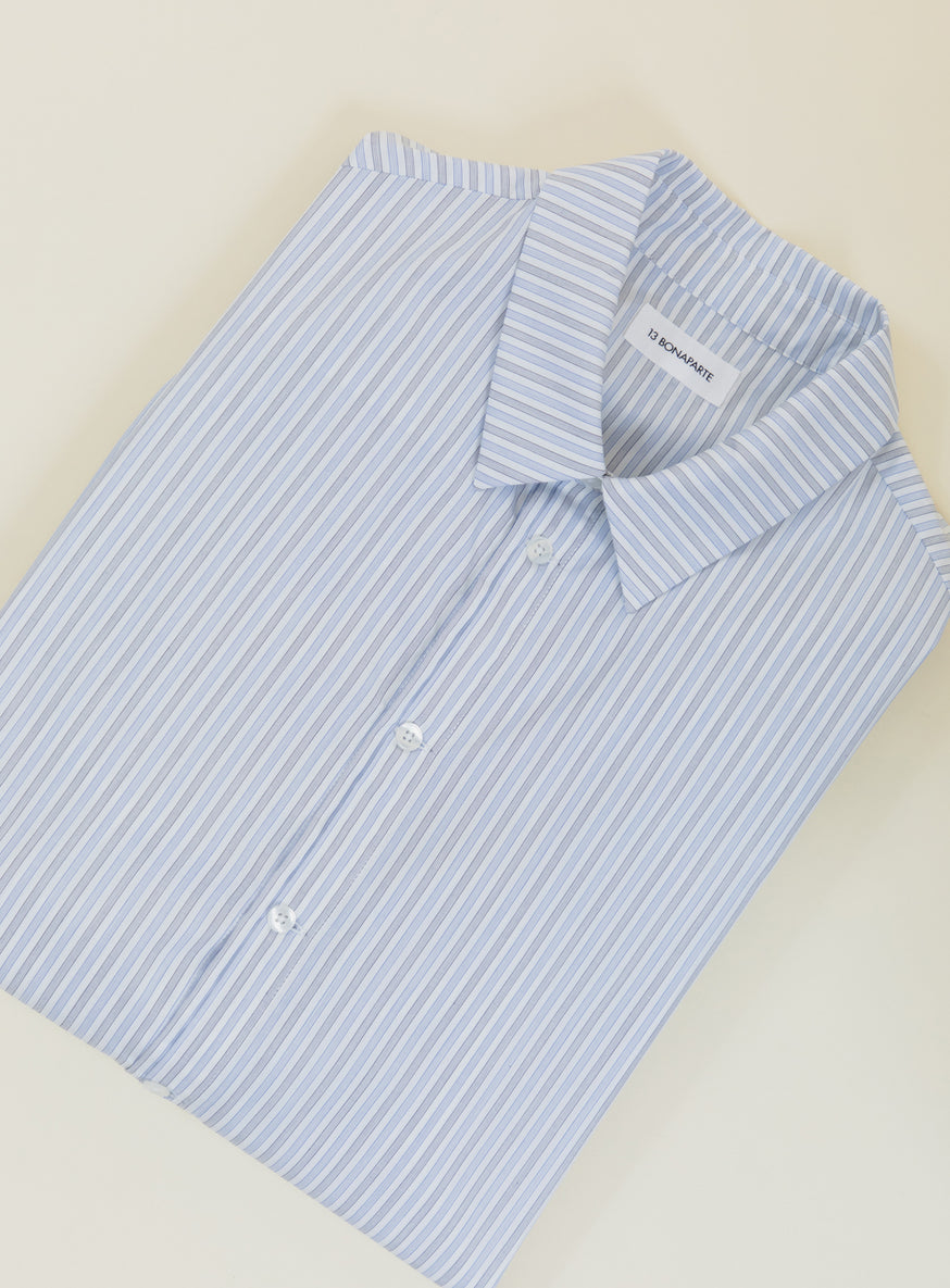 Pleated Tab Shirt in White Poplin with Sky Blue & Grey Stripes