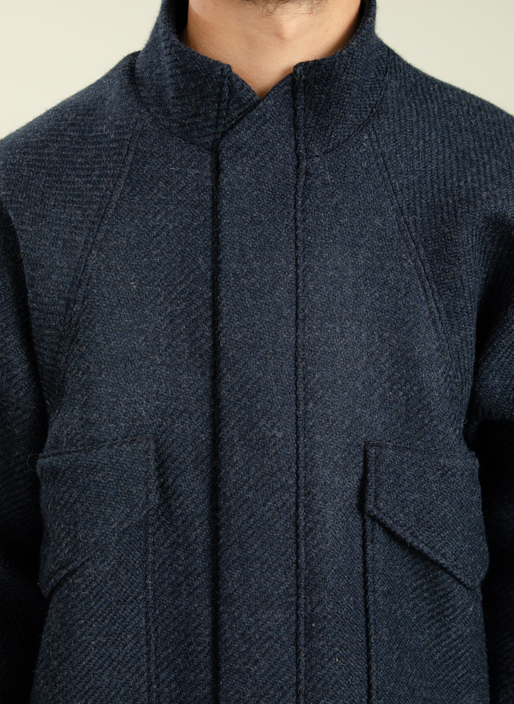 Bomber Jacket with Origami Collar in Navy Blue Italian Wool
