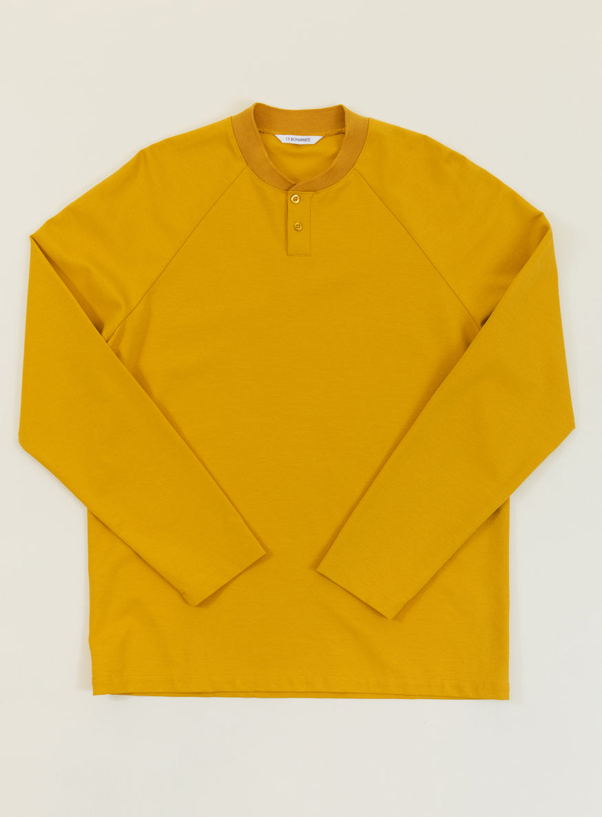 Long Sleeve Ribbed Collar Poloshirt in Mustard Yellow Technical Knit