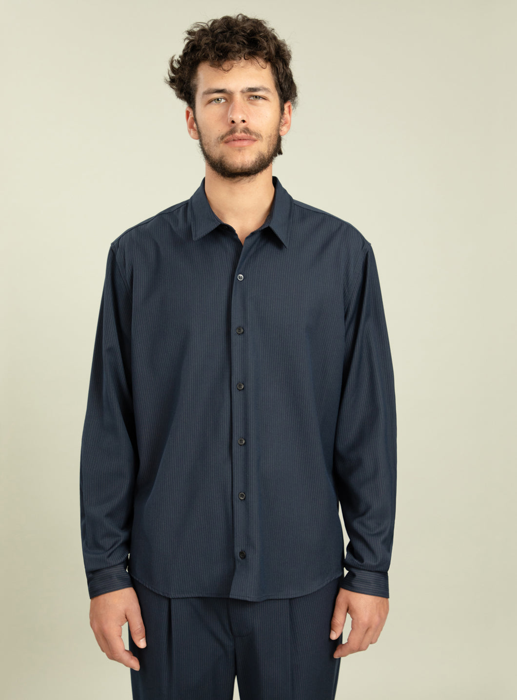 Classic Collar Shirt in Navy Fine Stripe Serge Fabric