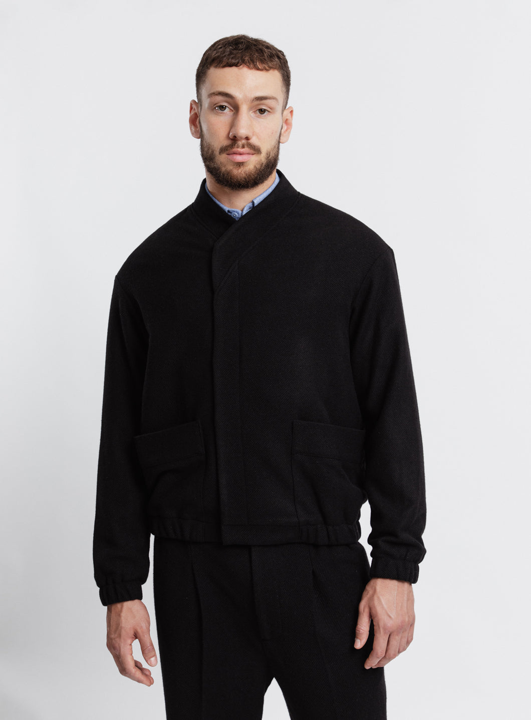 Kimono Bomber Jacket in Black Carded Wool