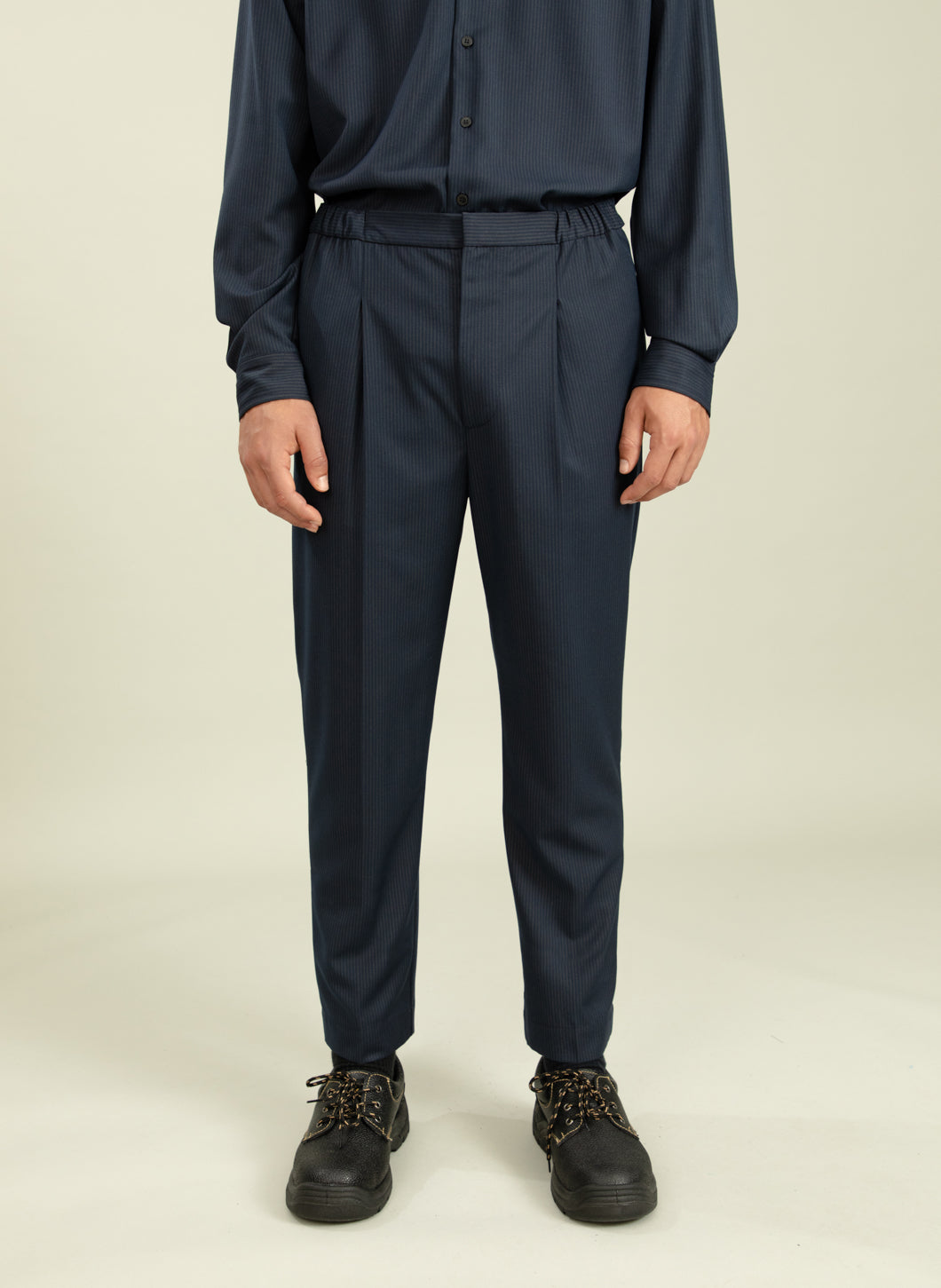 Pleated Pants in Navy Fine Stripe Serge Fabric