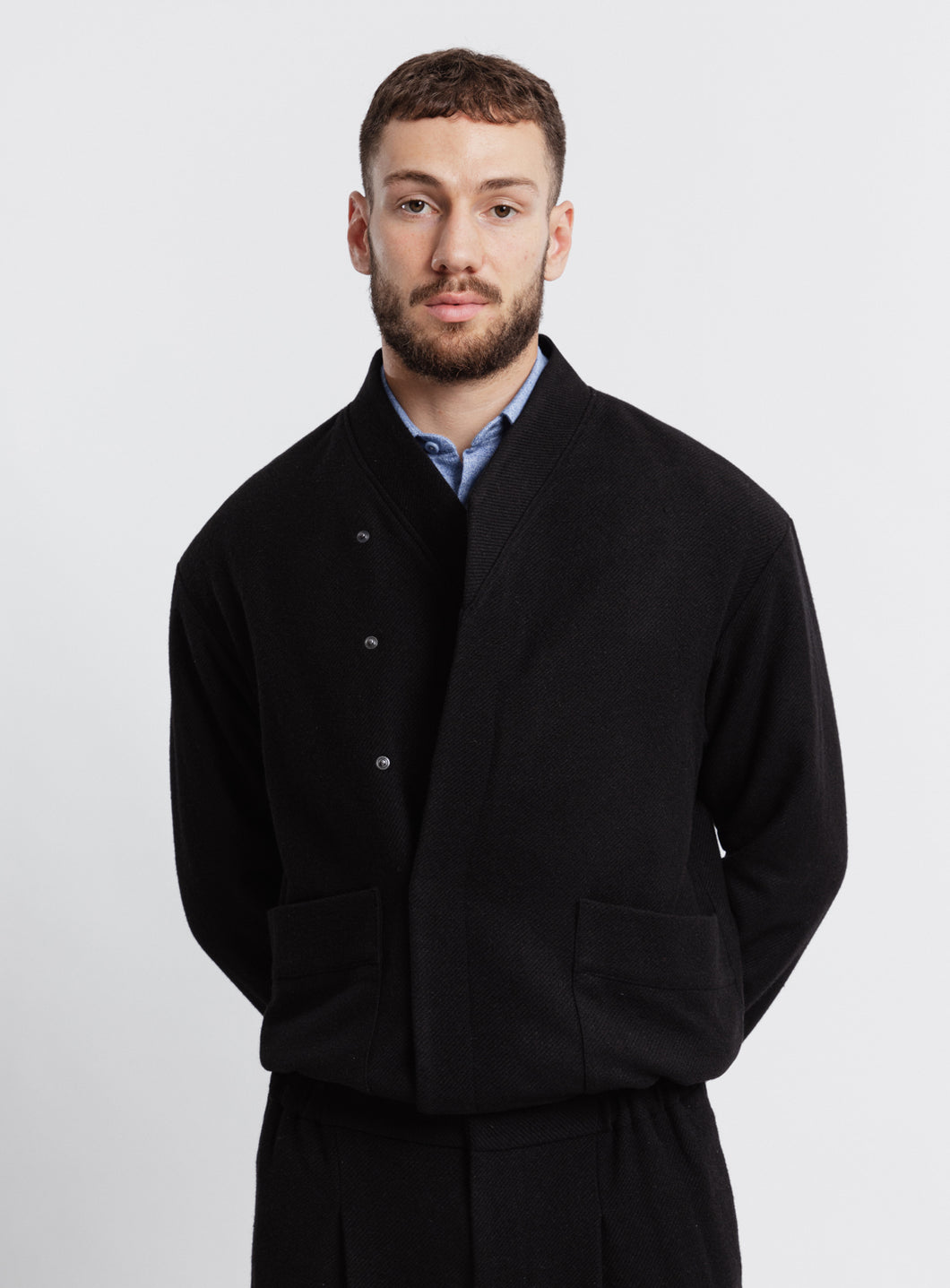 Kimono Bomber Jacket in Black Carded Wool