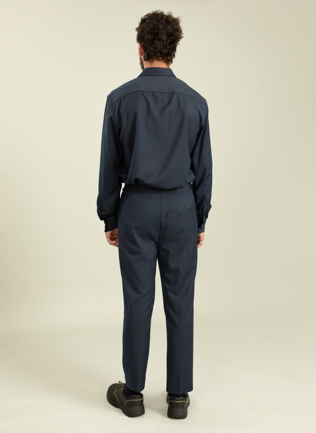 Pleated Pants in Navy Fine Stripe Serge Fabric