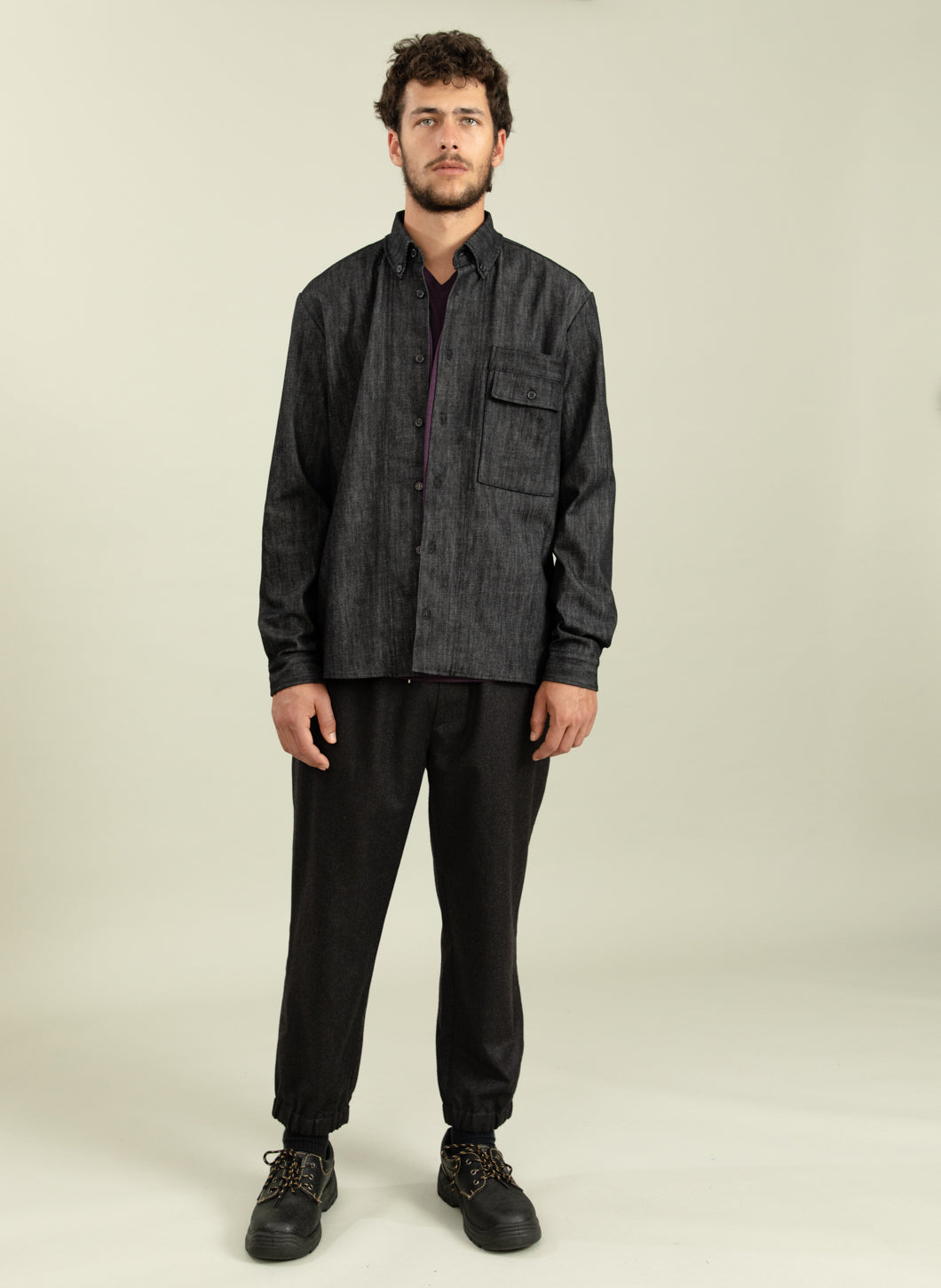Overshirt with Double Pocket in Raw Grey Denim