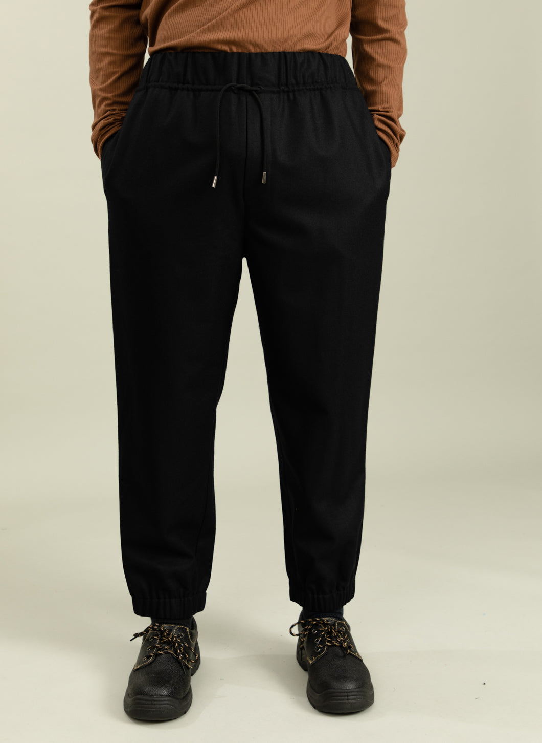 Elastic Waist Pants in Black Flannel Wool