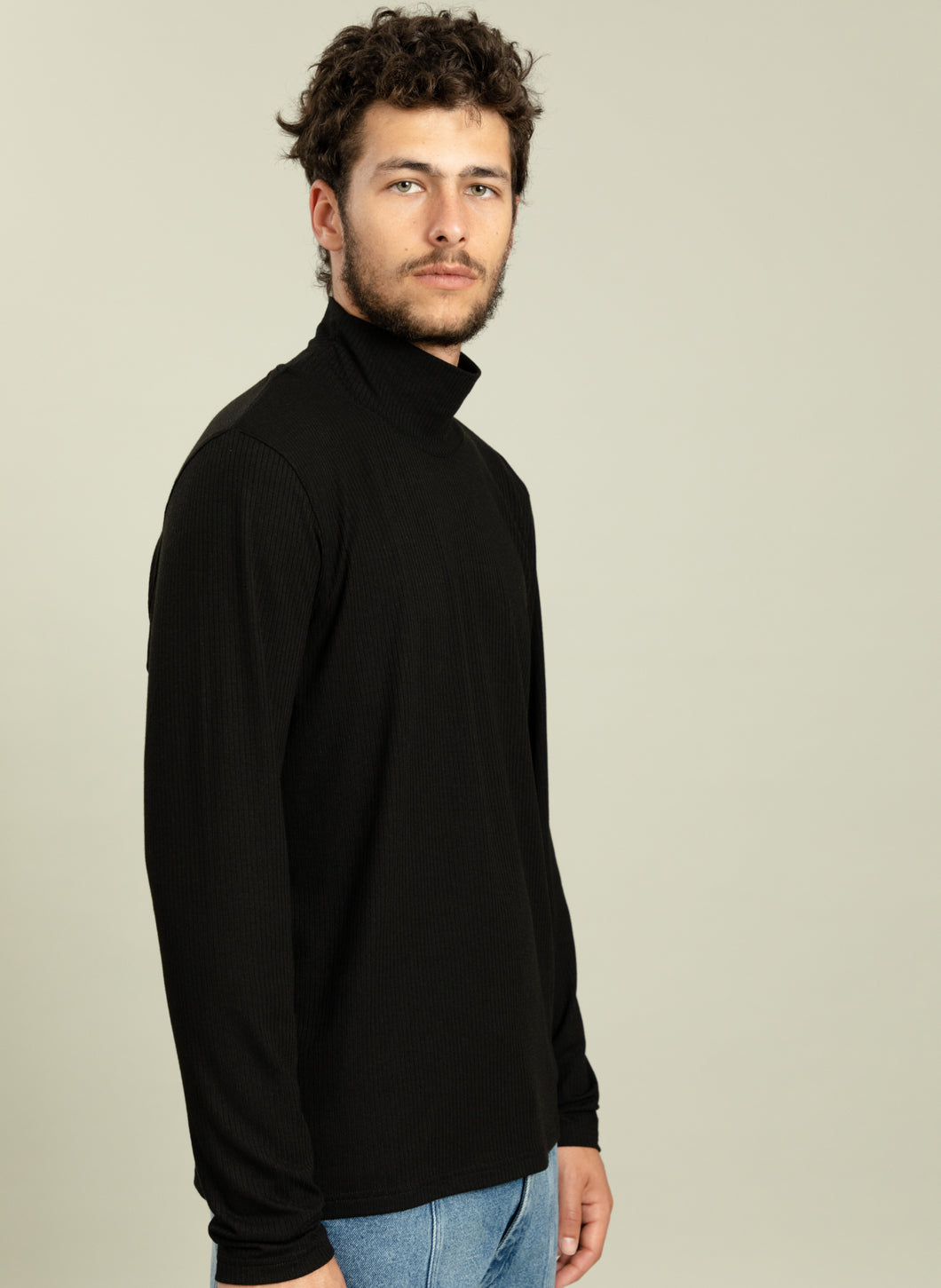 Funnel Neck Undershirt in Black Ribbed Jersey