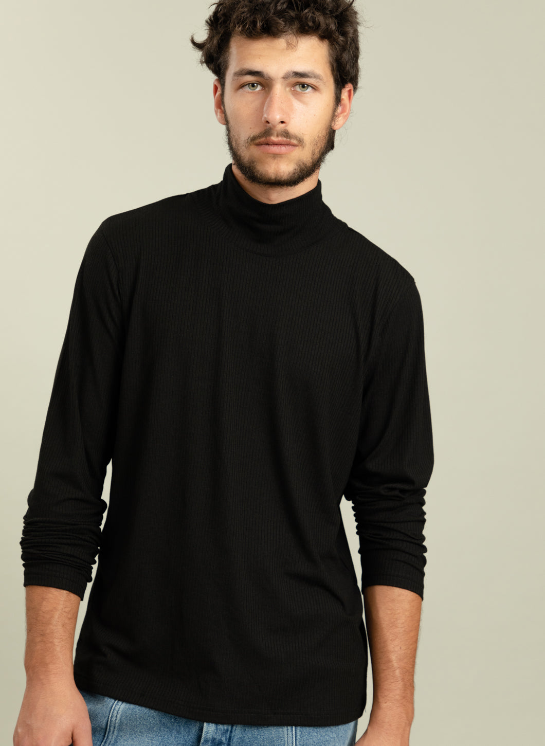 Funnel Neck Undershirt in Black Ribbed Jersey