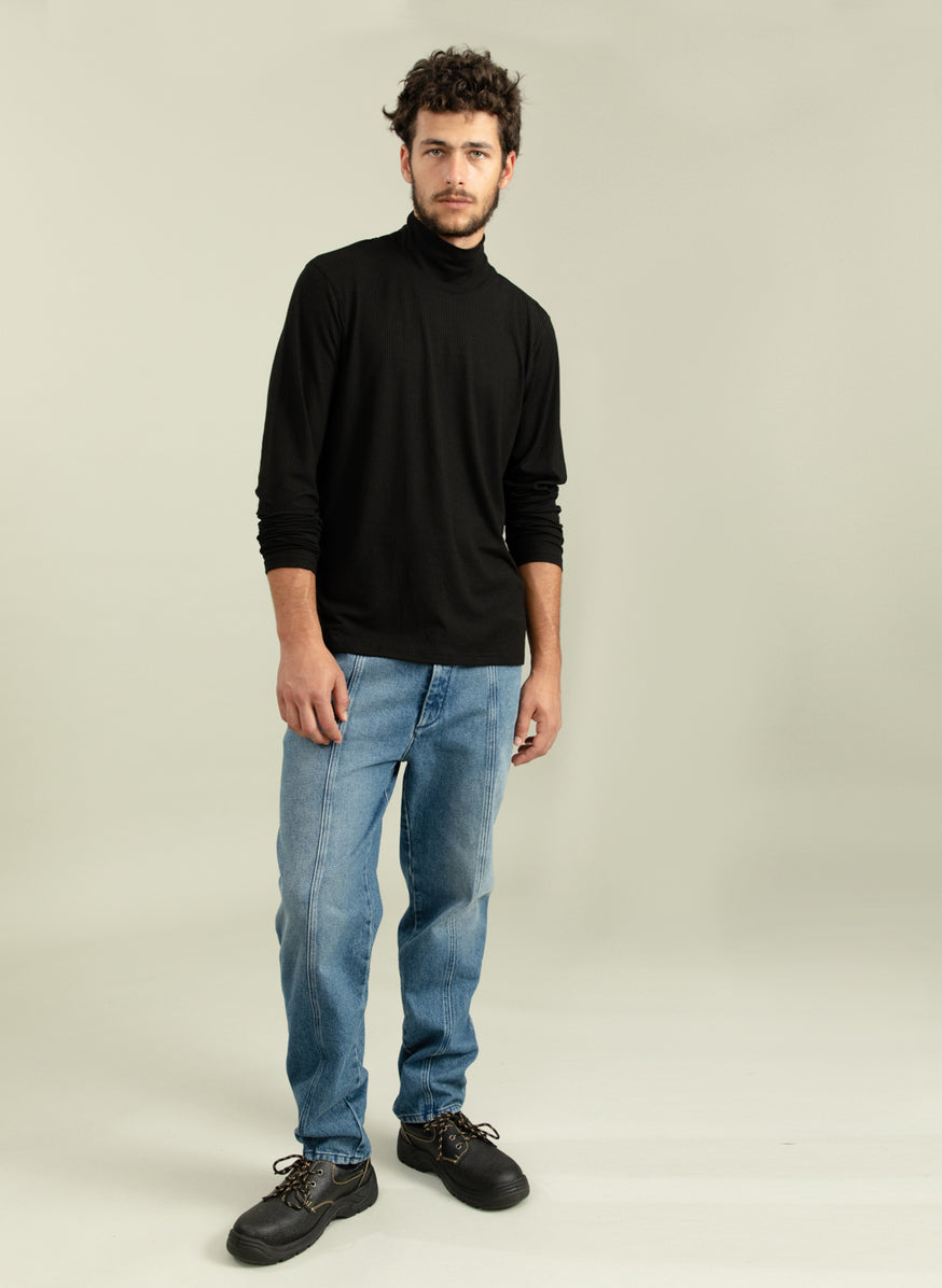 Funnel Neck Undershirt in Black Ribbed Jersey