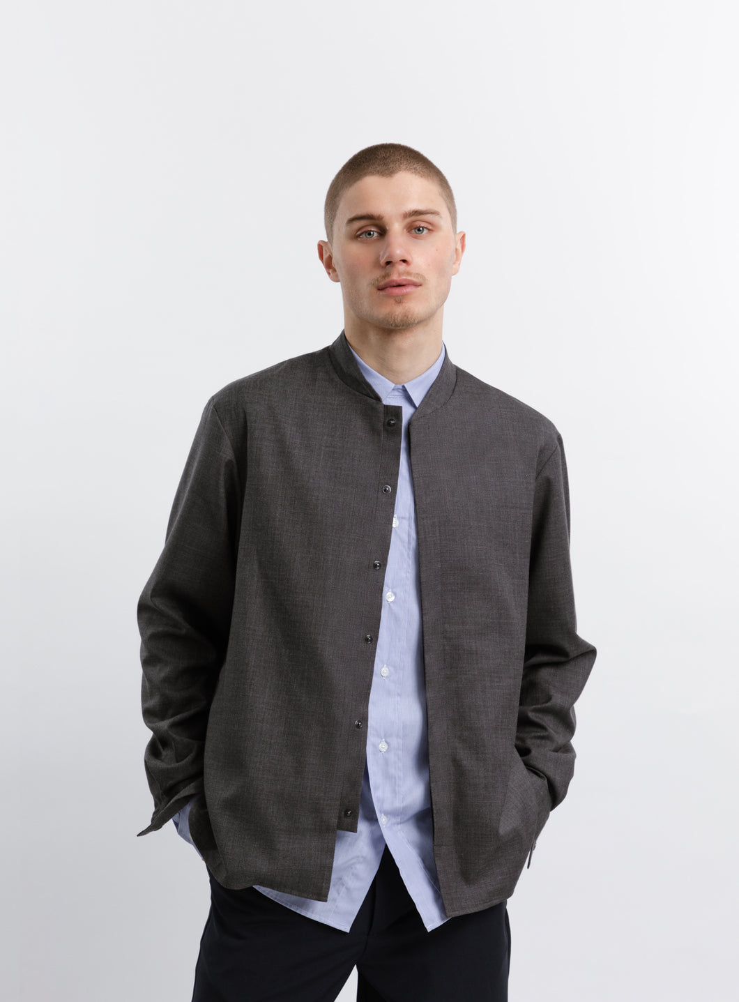 Bomber Collar Overshirt in Dark Grey End-on-End