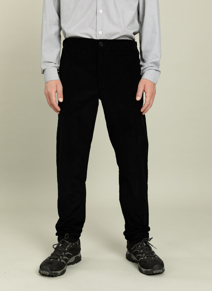 Pants with Notched Pockets in Black Needlecord