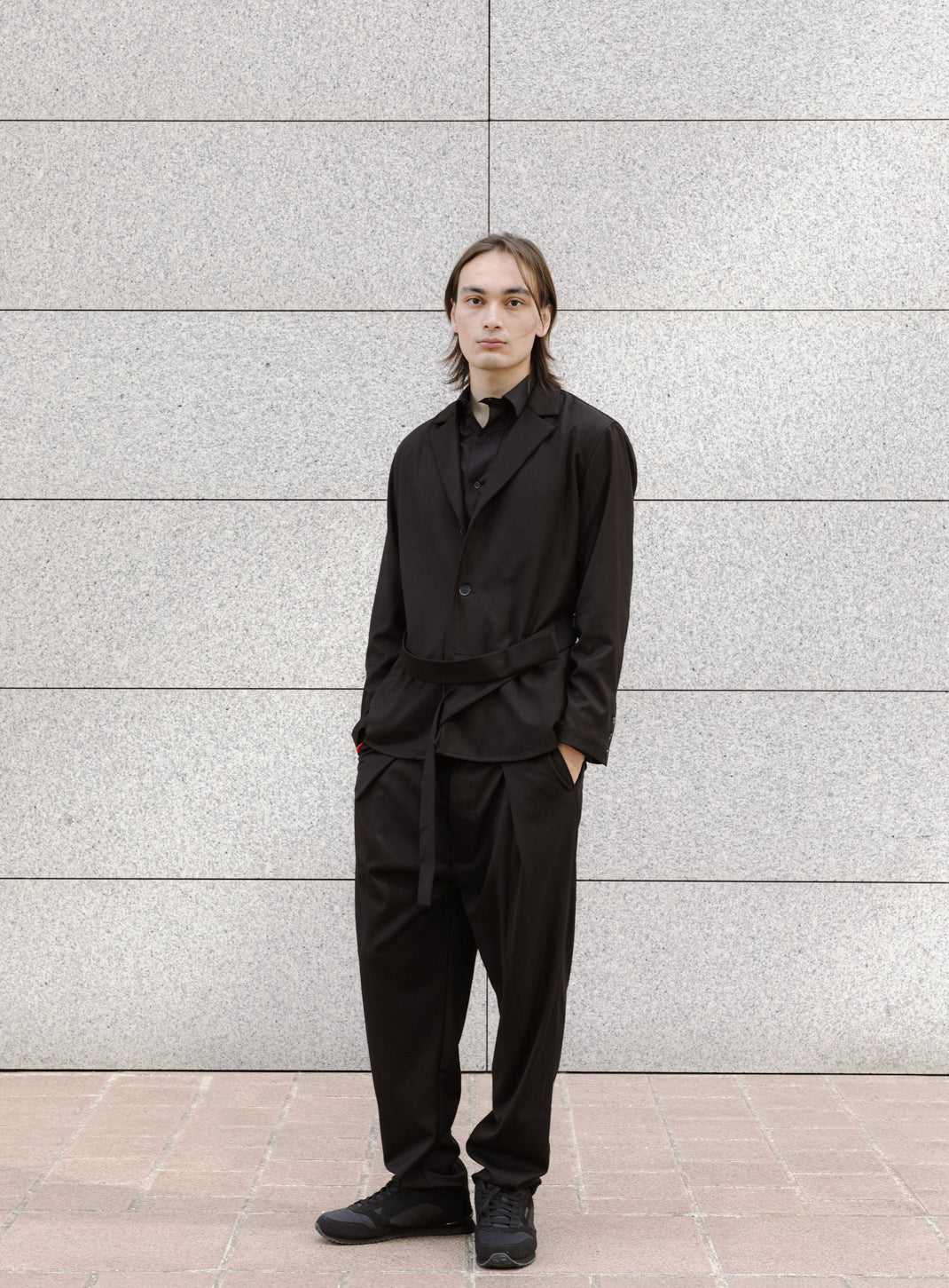 Belted Waist Blazer Jacket in Black Serge