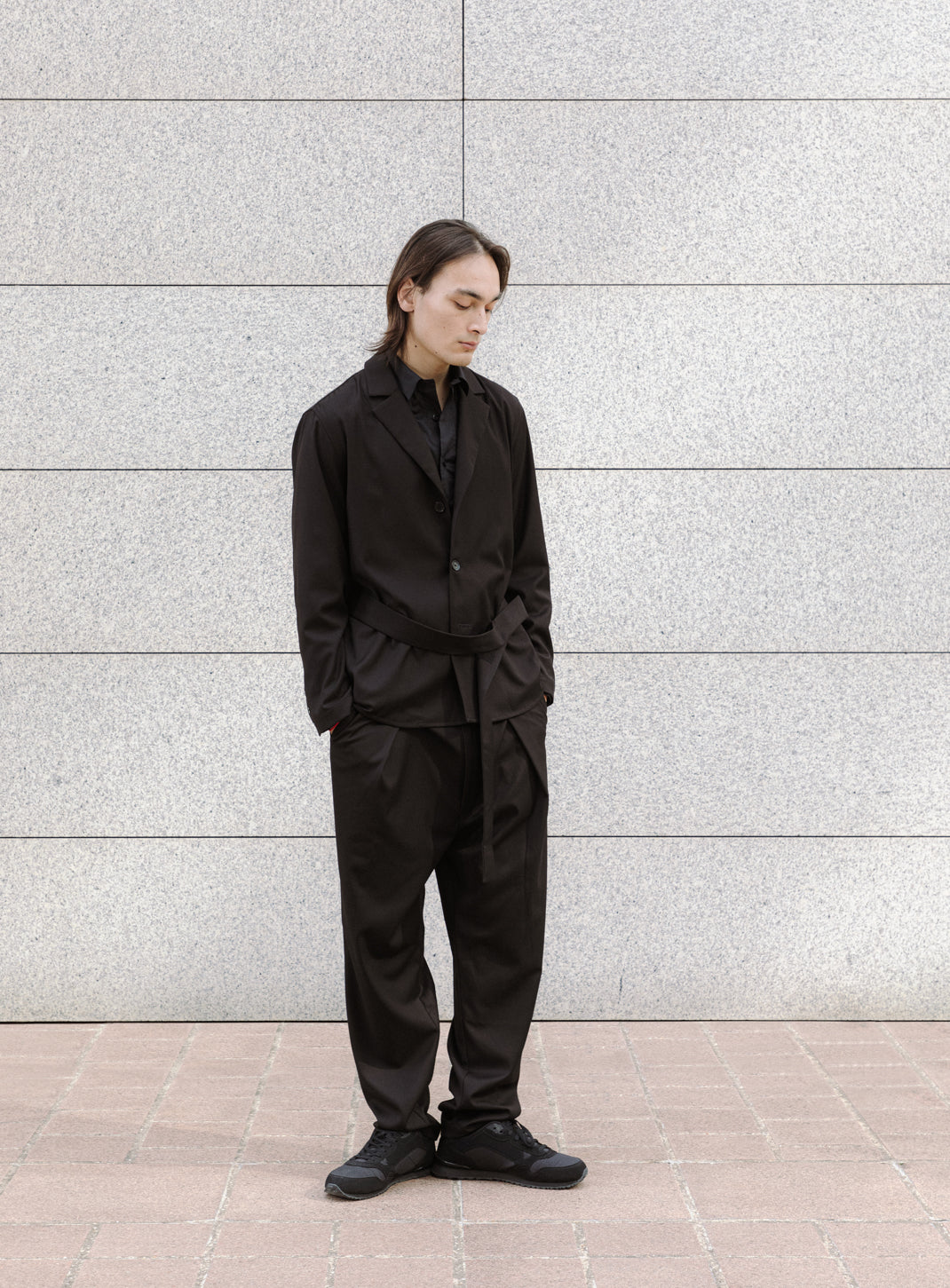 Belted Waist Blazer Jacket in Black Serge