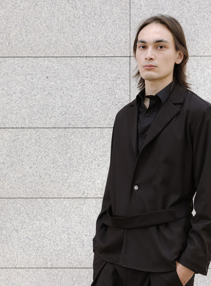 Belted Waist Blazer Jacket in Black Serge