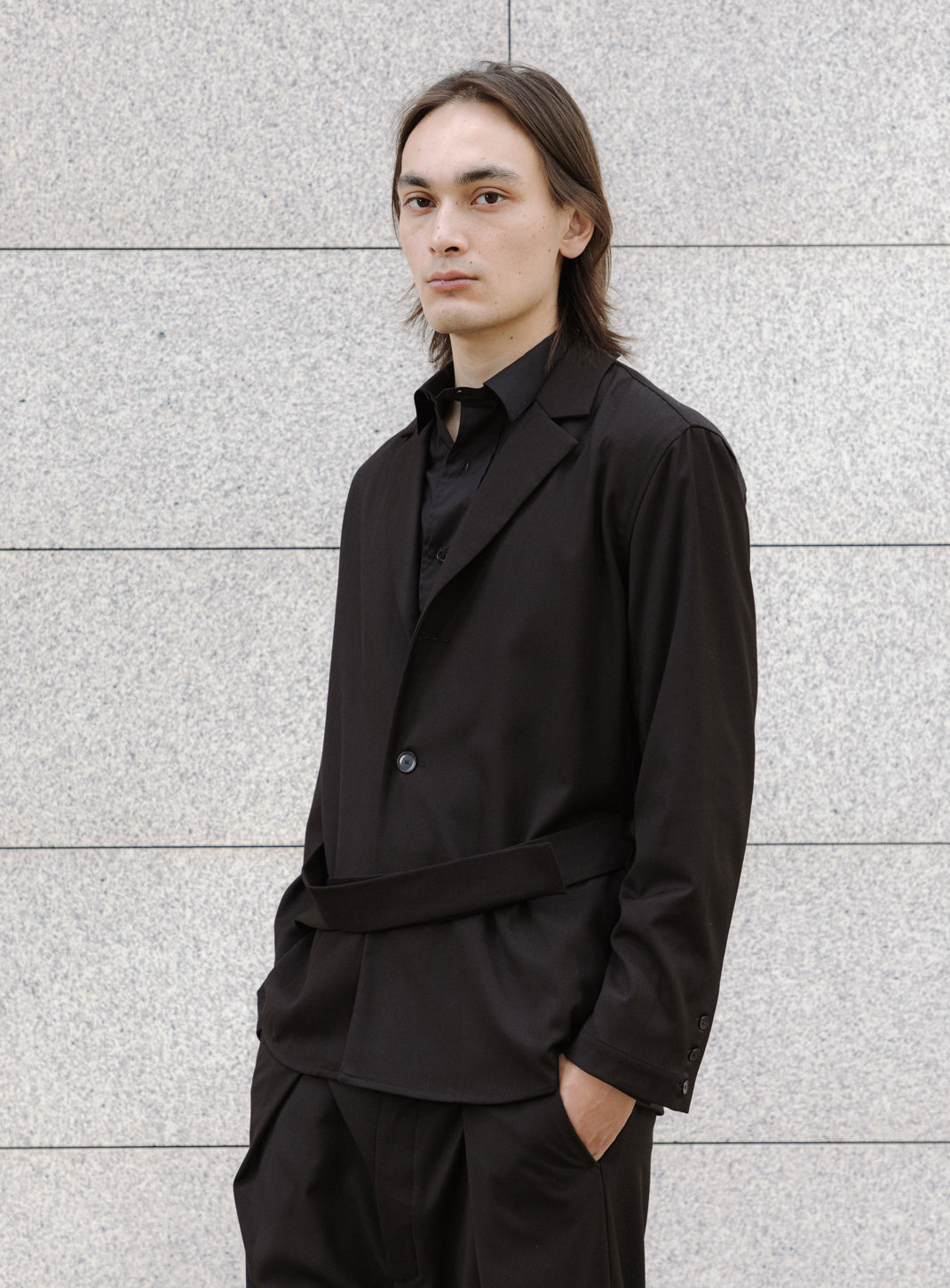 Belted Waist Blazer Jacket in Black Serge
