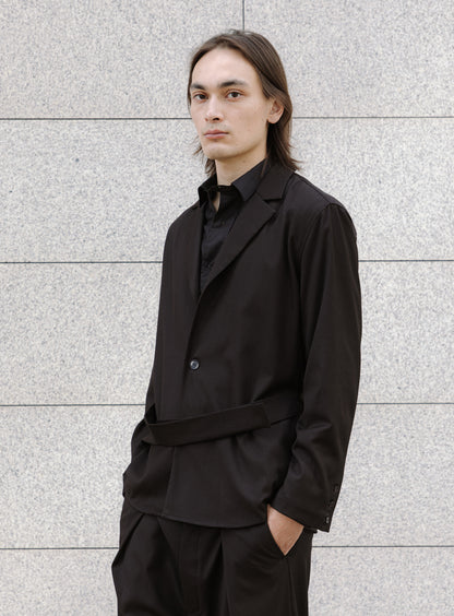 Belted Waist Blazer Jacket in Black Serge