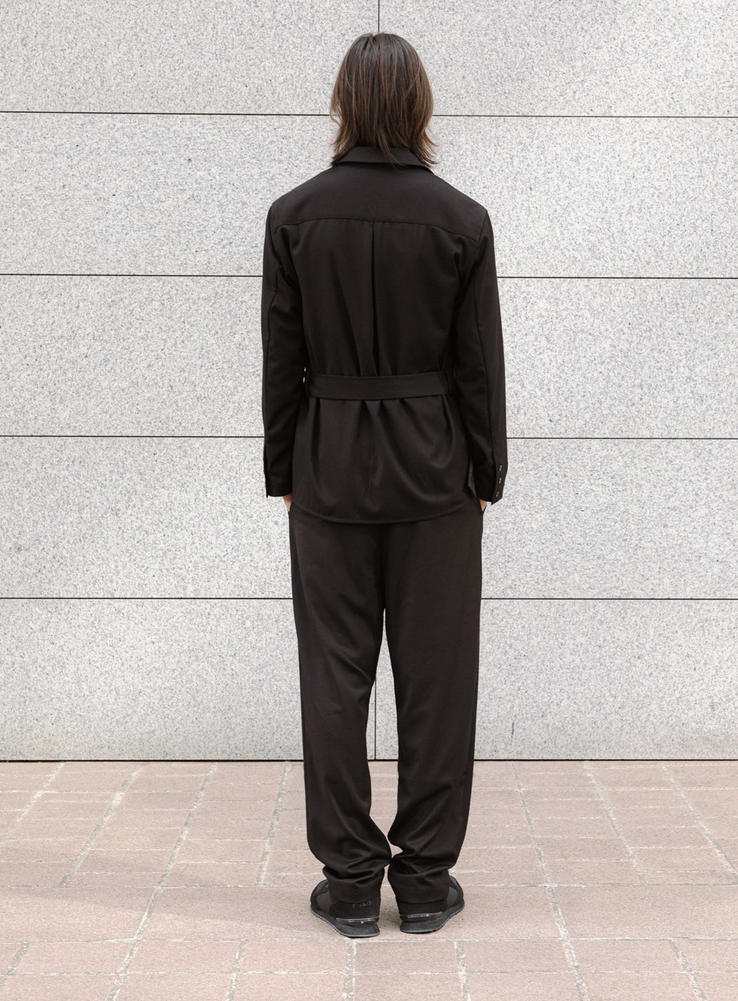 Belted Waist Blazer Jacket in Black Serge