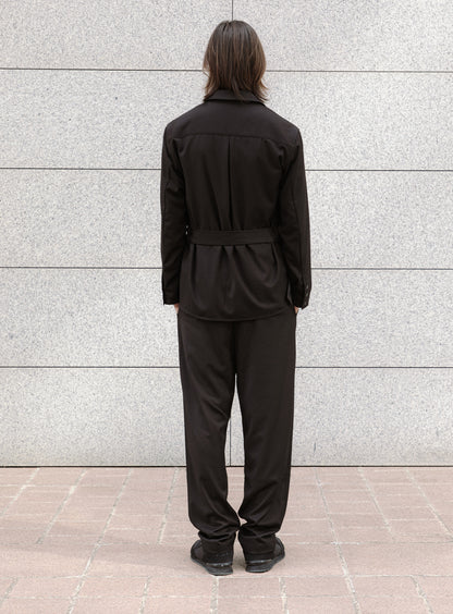 Belted Waist Blazer Jacket in Black Serge