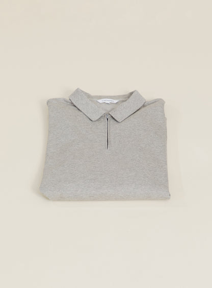 Long Sleeve Zipped Poloshirt in Heather Grey Mercerized Cotton Piqué