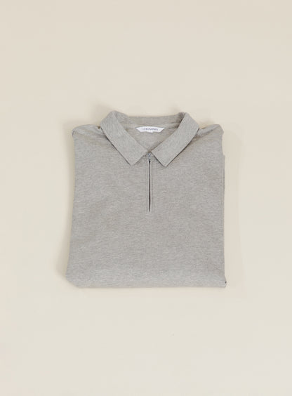Long Sleeve Zipped Poloshirt in Heather Grey Mercerized Cotton Piqué