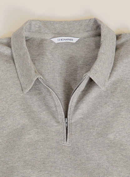 Long Sleeve Zipped Poloshirt in Heather Grey Mercerized Cotton Piqué